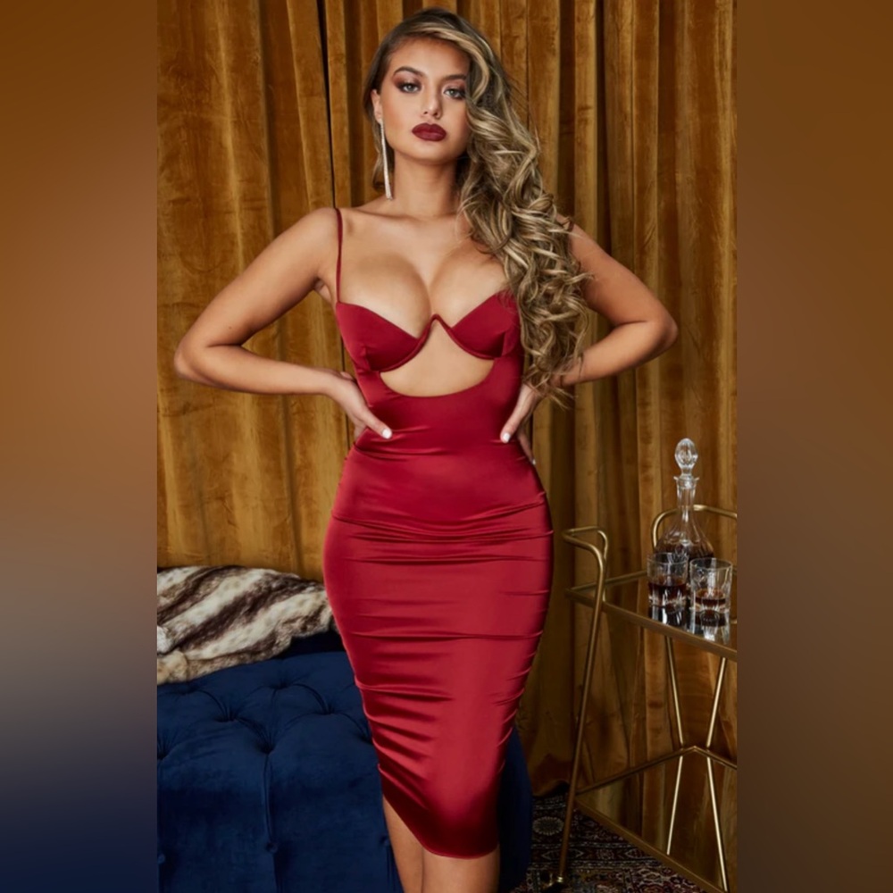 Oh Polly Ahead Of The Curve Satin Cut Out Midi Dress in Red